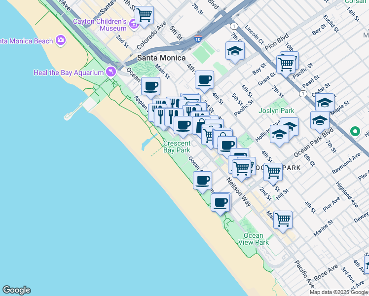 map of restaurants, bars, coffee shops, grocery stores, and more near Ocean Ave & Bicknell Ave in Santa Monica