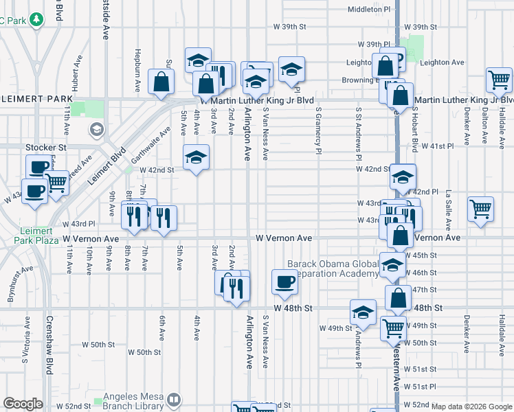 map of restaurants, bars, coffee shops, grocery stores, and more near 2200 West 43rd Street in Los Angeles