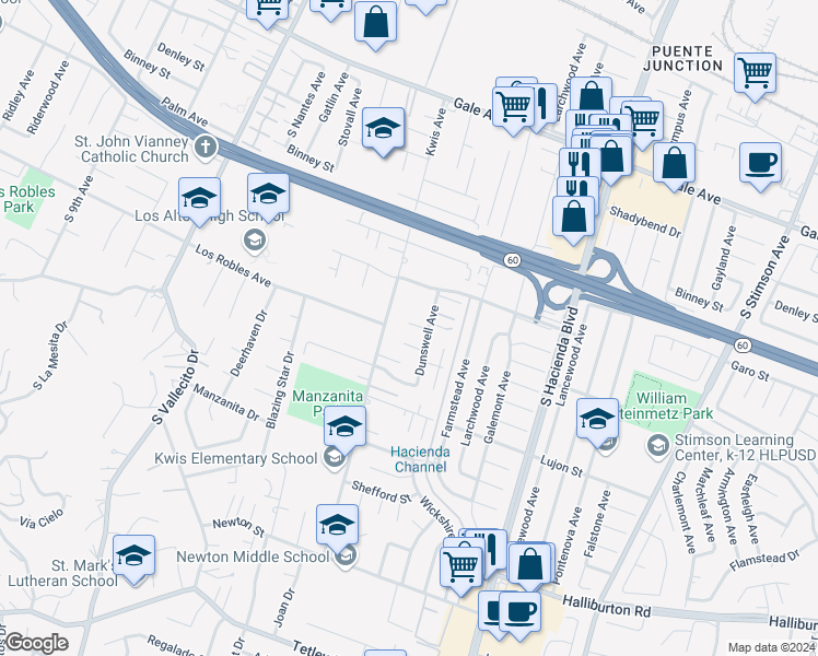 map of restaurants, bars, coffee shops, grocery stores, and more near 1517 Dunswell Avenue in Hacienda Heights