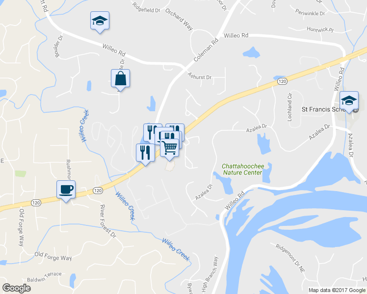 map of restaurants, bars, coffee shops, grocery stores, and more near 2018 Merrimont Way in Roswell