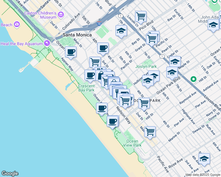 map of restaurants, bars, coffee shops, grocery stores, and more near 2219 Main Street in Santa Monica