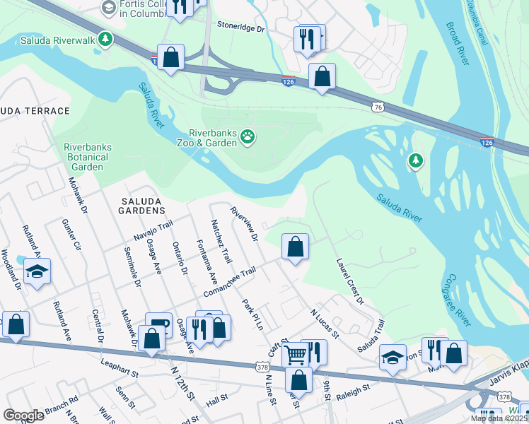 map of restaurants, bars, coffee shops, grocery stores, and more near 625 Edgewater Lane in West Columbia