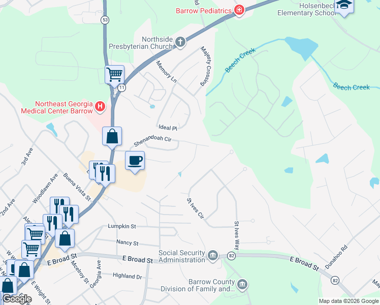 map of restaurants, bars, coffee shops, grocery stores, and more near 407 Shenandoah Court in Winder