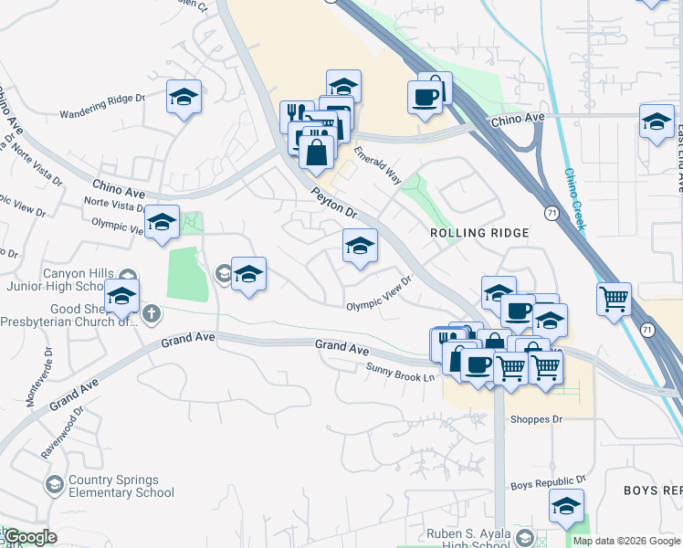 map of restaurants, bars, coffee shops, grocery stores, and more near 2923 Ridgecrest Circle in Chino Hills