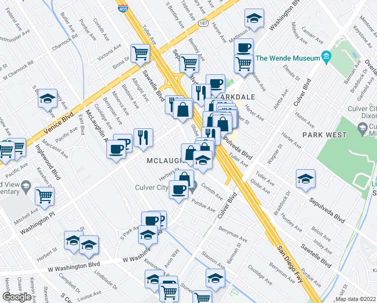 map of restaurants, bars, coffee shops, grocery stores, and more near 4069 Sawtelle Boulevard in Los Angeles