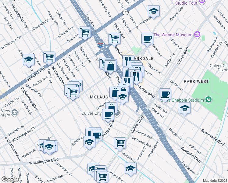 map of restaurants, bars, coffee shops, grocery stores, and more near 4070 Albright Avenue in Los Angeles