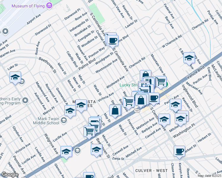 map of restaurants, bars, coffee shops, grocery stores, and more near 3705 Boise Avenue in Los Angeles