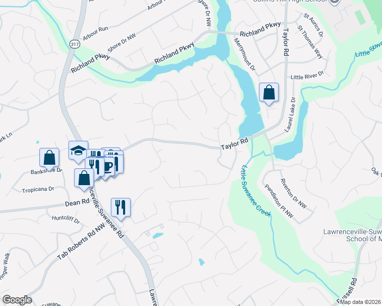 map of restaurants, bars, coffee shops, grocery stores, and more near 390 Taylor Road in Suwanee