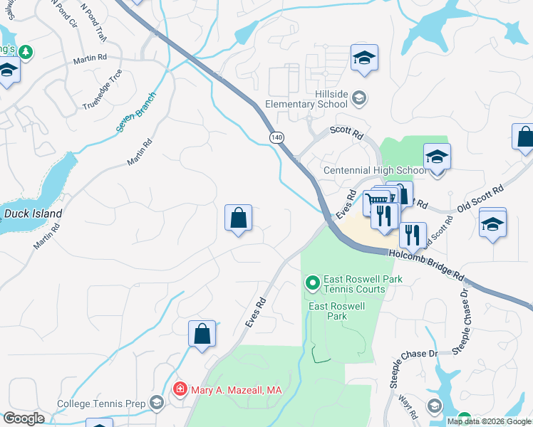map of restaurants, bars, coffee shops, grocery stores, and more near 455 Silver Pine Trail in Roswell