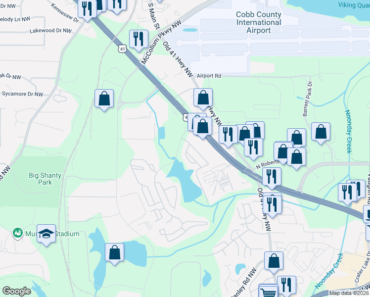 map of restaurants, bars, coffee shops, grocery stores, and more near 1865 Ellison Lakes Court in Kennesaw