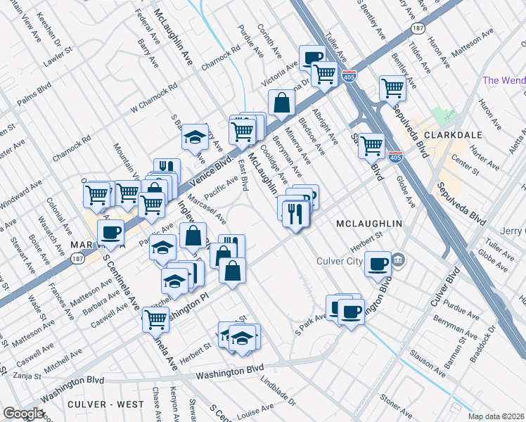map of restaurants, bars, coffee shops, grocery stores, and more near 3938 East Boulevard in Los Angeles