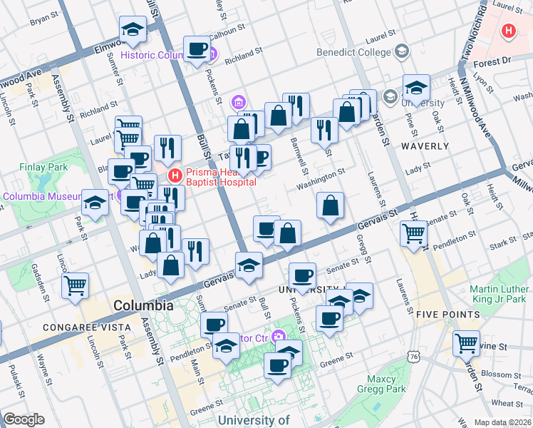 map of restaurants, bars, coffee shops, grocery stores, and more near 1318 Pickens Street in Columbia