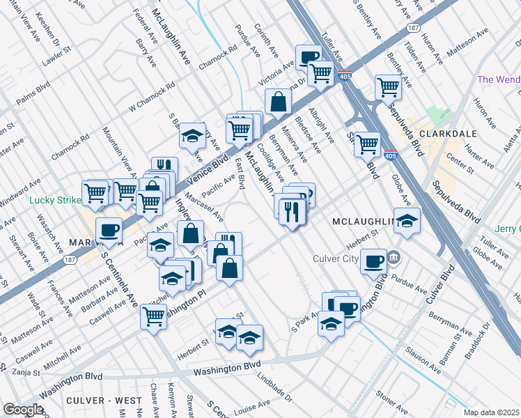 map of restaurants, bars, coffee shops, grocery stores, and more near 3948 East Boulevard in Los Angeles