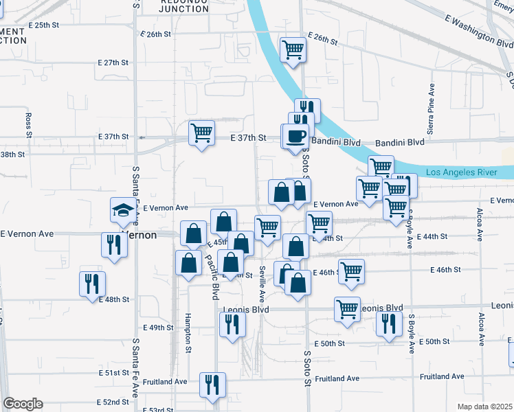 map of restaurants, bars, coffee shops, grocery stores, and more near 4301 Seville Avenue in Vernon