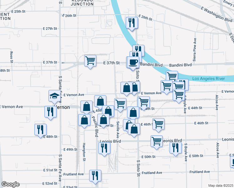 map of restaurants, bars, coffee shops, grocery stores, and more near 4301-4401 Seville Avenue in Vernon