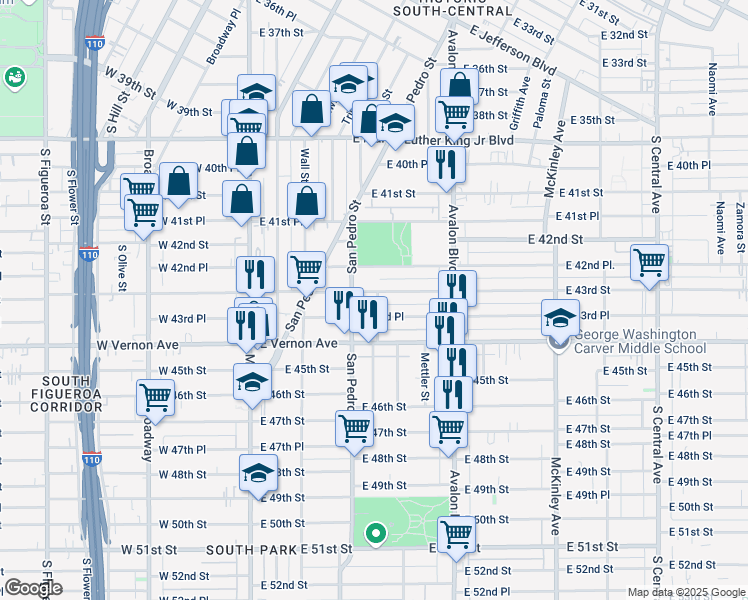 map of restaurants, bars, coffee shops, grocery stores, and more near 287 East 43rd Place in Los Angeles