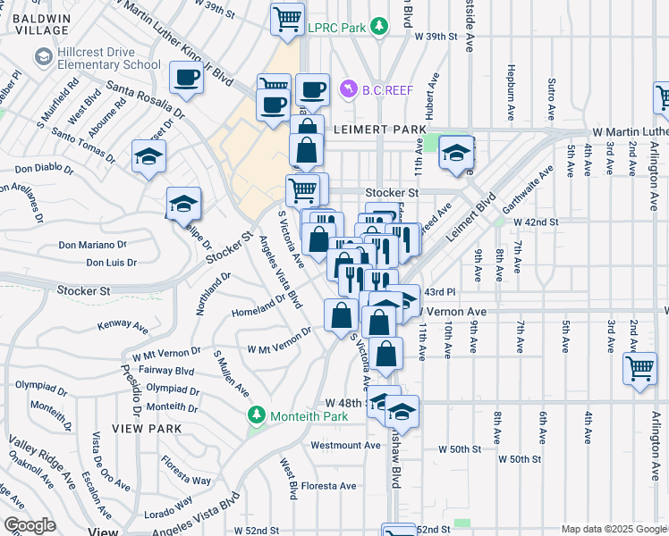 map of restaurants, bars, coffee shops, grocery stores, and more near 4308 Crenshaw Boulevard in Los Angeles