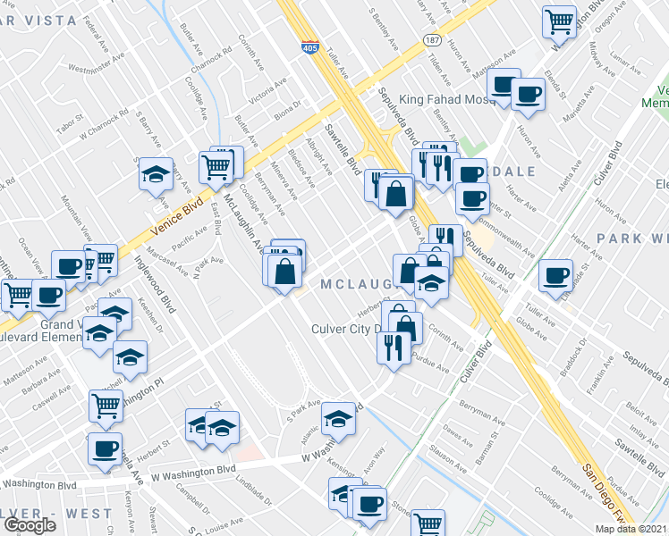 map of restaurants, bars, coffee shops, grocery stores, and more near 4025 Minerva Avenue in Los Angeles