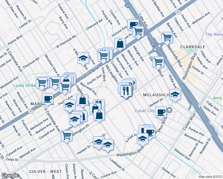 map of restaurants, bars, coffee shops, grocery stores, and more near 3948 East Boulevard in Los Angeles