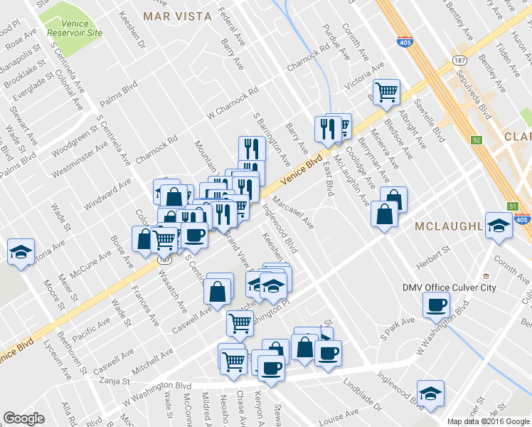 map of restaurants, bars, coffee shops, grocery stores, and more near 3845 Inglewood Boulevard in Los Angeles