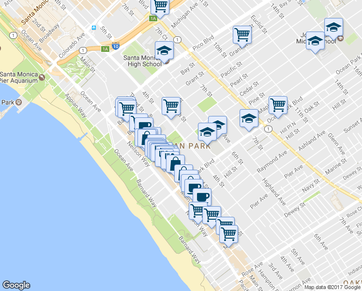 map of restaurants, bars, coffee shops, grocery stores, and more near 2411 3rd Street in Santa Monica