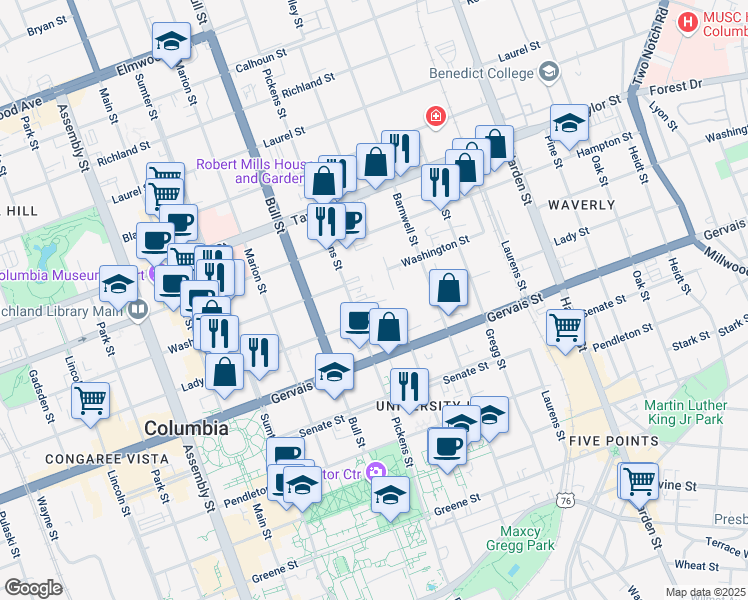 map of restaurants, bars, coffee shops, grocery stores, and more near 1300 Pickens Street in Columbia