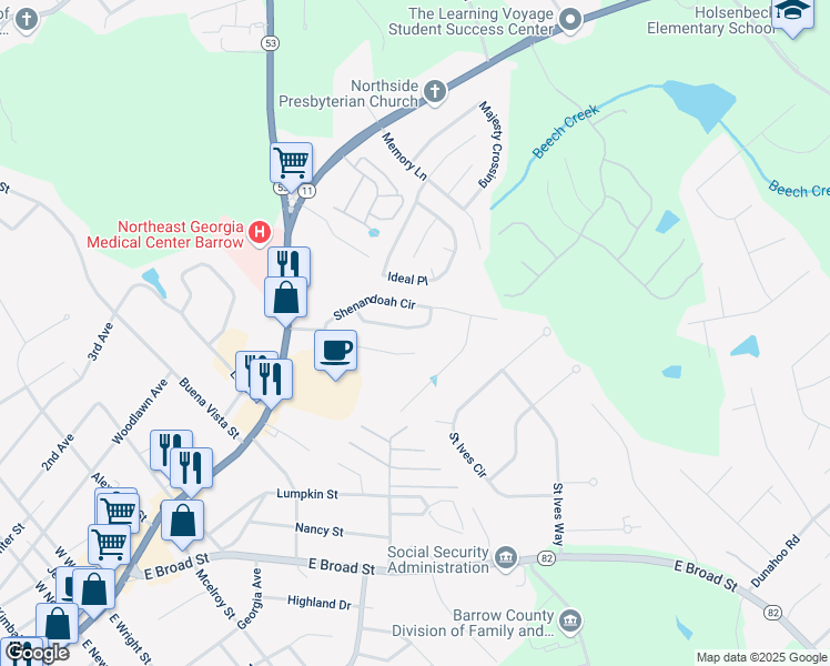 map of restaurants, bars, coffee shops, grocery stores, and more near 519 Shenandoah Lane in Winder