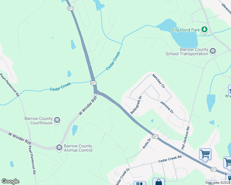 map of restaurants, bars, coffee shops, grocery stores, and more near 109 Cedar Wood Trace in Winder