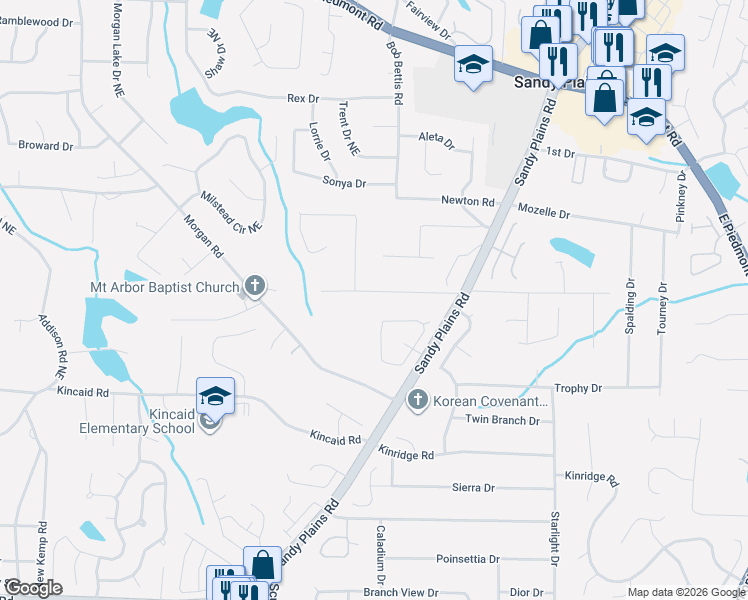 map of restaurants, bars, coffee shops, grocery stores, and more near 2182 Whitehall Drive Northeast in Marietta