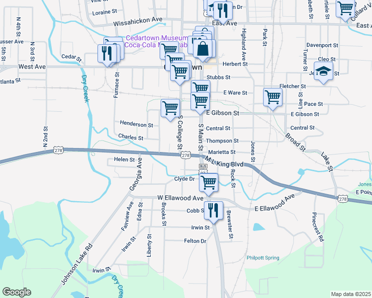 map of restaurants, bars, coffee shops, grocery stores, and more near 729 South College Street in Cedartown