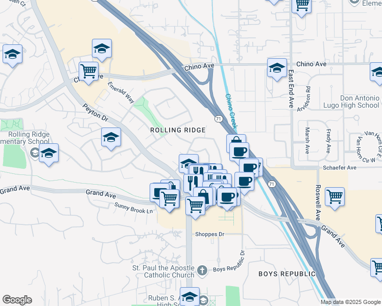 map of restaurants, bars, coffee shops, grocery stores, and more near 3299 Royal Ridge Road in Chino Hills