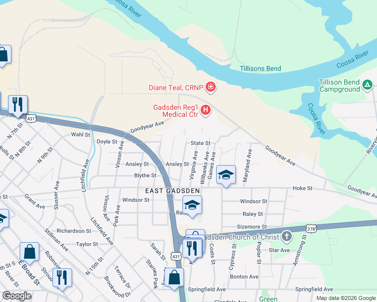 map of restaurants, bars, coffee shops, grocery stores, and more near 912 Virginia Avenue in Gadsden
