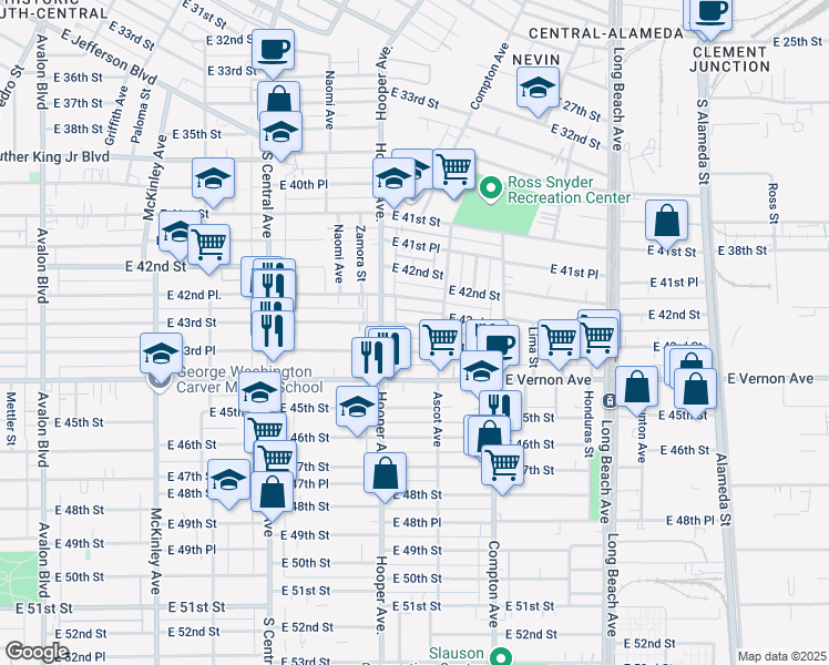 map of restaurants, bars, coffee shops, grocery stores, and more near 1333 East 43rd Place in Los Angeles