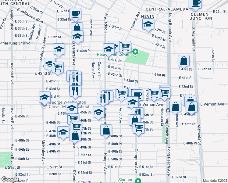map of restaurants, bars, coffee shops, grocery stores, and more near 1334 East 43rd Street in Los Angeles