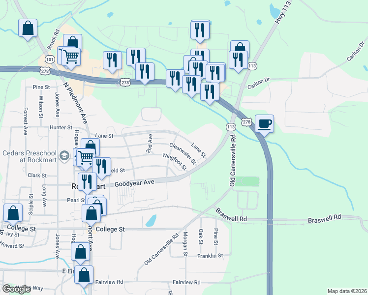 map of restaurants, bars, coffee shops, grocery stores, and more near 481 Clearwater Street in Rockmart