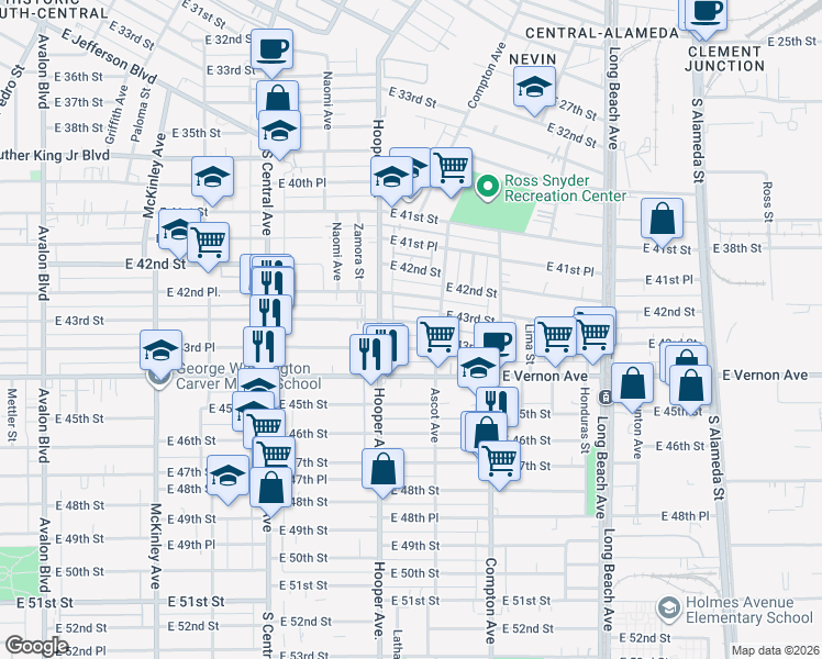 map of restaurants, bars, coffee shops, grocery stores, and more near 1334 East 43rd Street in Los Angeles