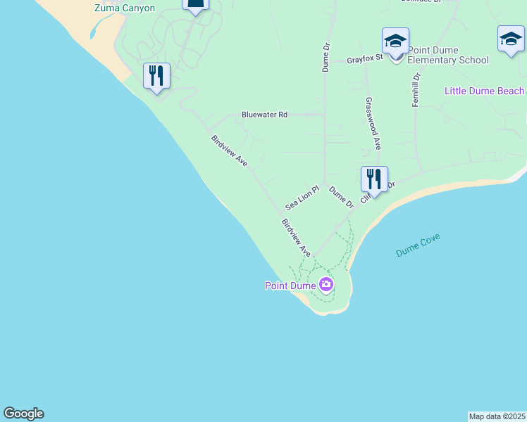 map of restaurants, bars, coffee shops, grocery stores, and more near 7247 Birdview Avenue in Malibu