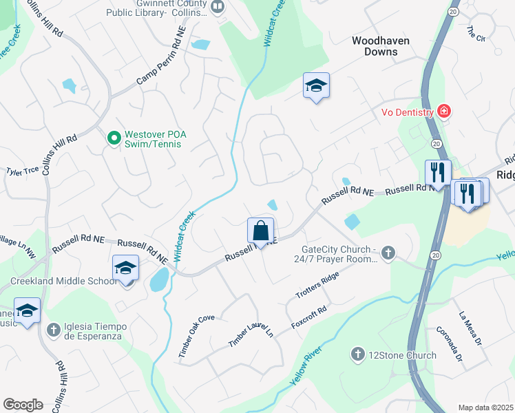 map of restaurants, bars, coffee shops, grocery stores, and more near 1525 Brantin Drive in Lawrenceville
