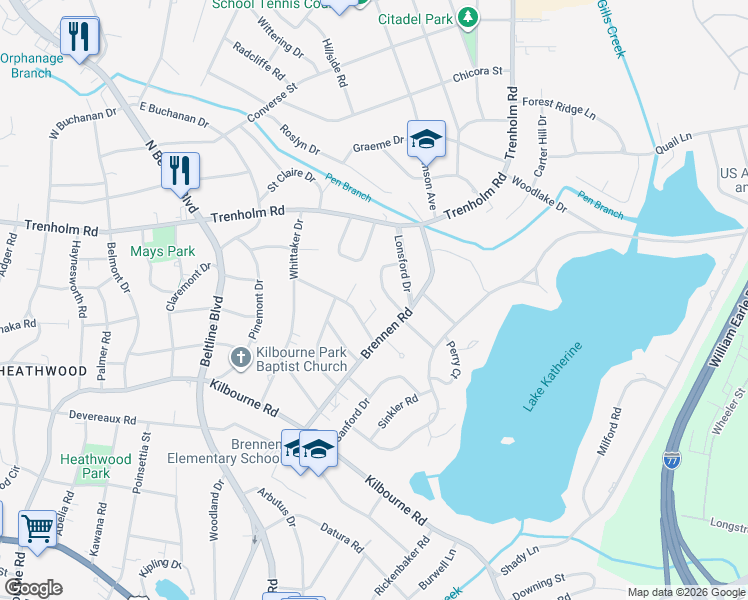 map of restaurants, bars, coffee shops, grocery stores, and more near 1523 Woodbine Court in Columbia