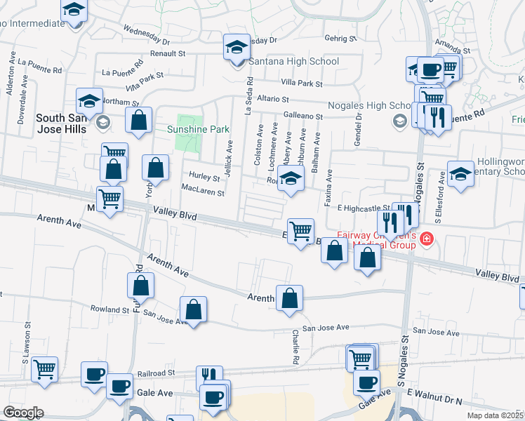 map of restaurants, bars, coffee shops, grocery stores, and more near 650 La Seda Road in La Puente