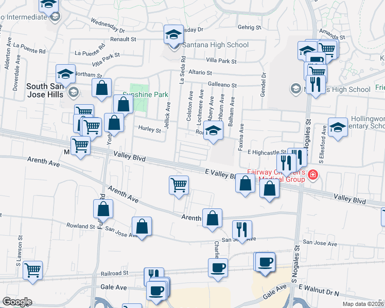 map of restaurants, bars, coffee shops, grocery stores, and more near 650 La Seda Road in La Puente