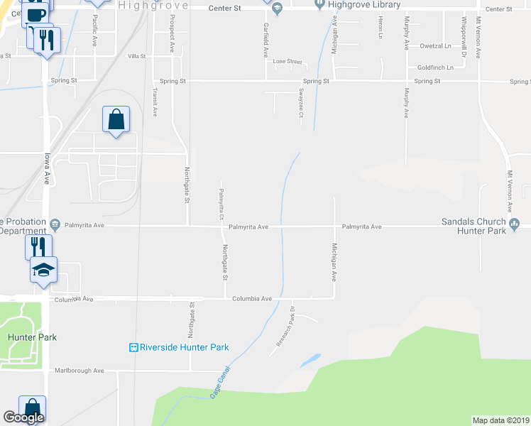 map of restaurants, bars, coffee shops, grocery stores, and more near 719 Palmyrita Avenue in Riverside