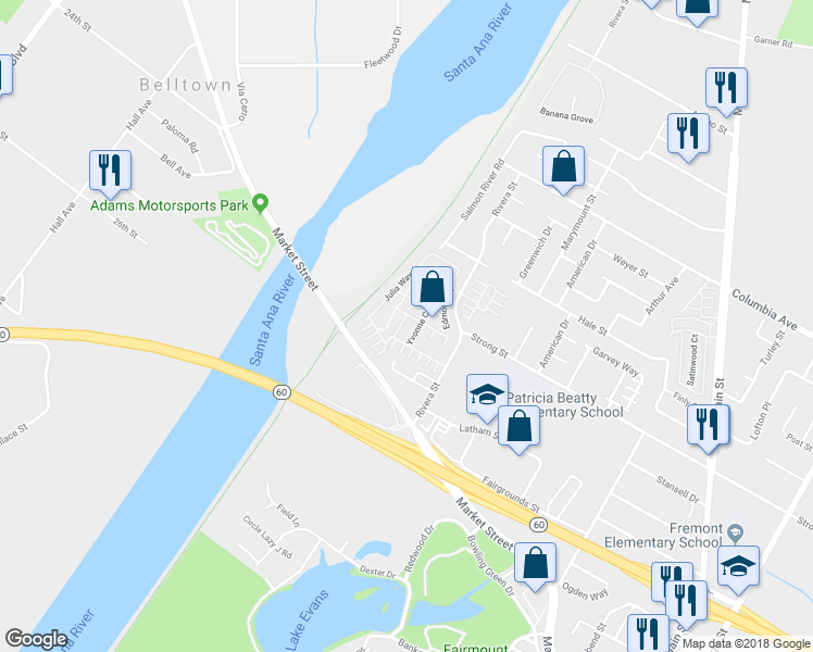 map of restaurants, bars, coffee shops, grocery stores, and more near 1766 Carrie Way in Riverside