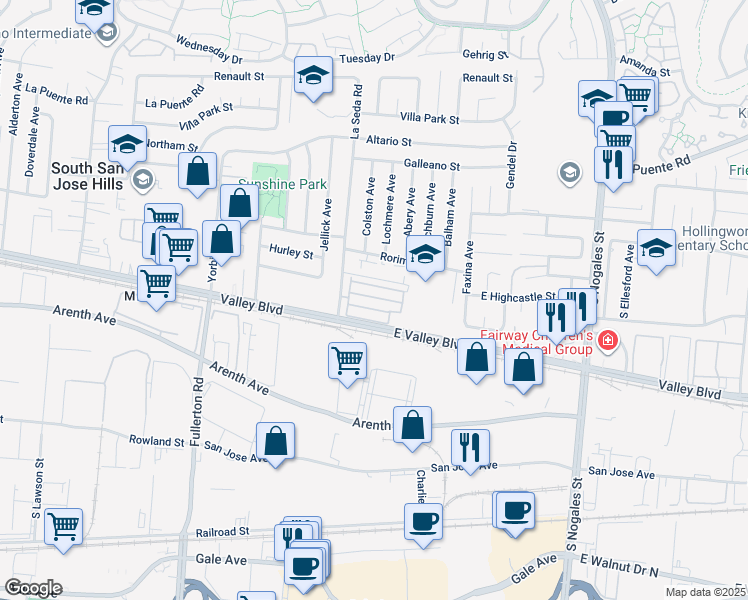 map of restaurants, bars, coffee shops, grocery stores, and more near 650 La Seda Road in La Puente
