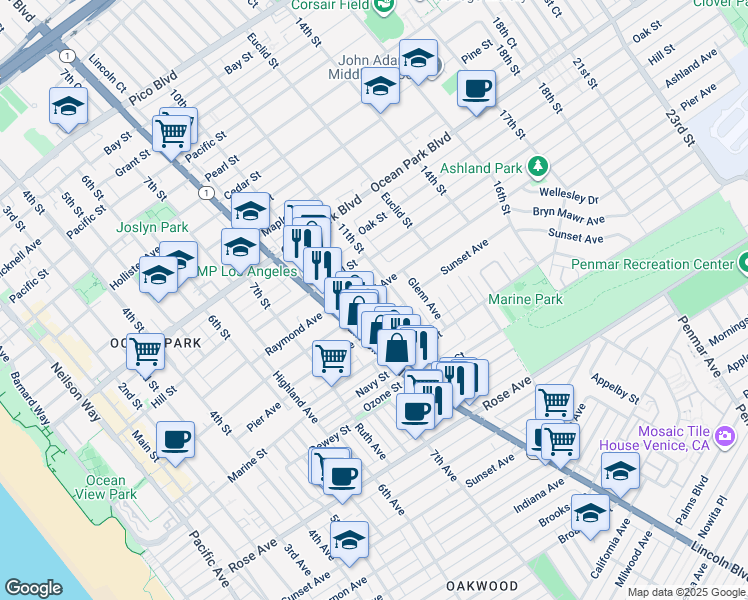 map of restaurants, bars, coffee shops, grocery stores, and more near 2909 10th Street in Santa Monica