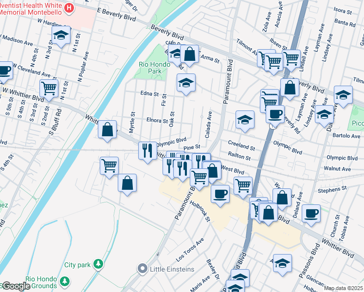 map of restaurants, bars, coffee shops, grocery stores, and more near 4865 Pine Street in Pico Rivera