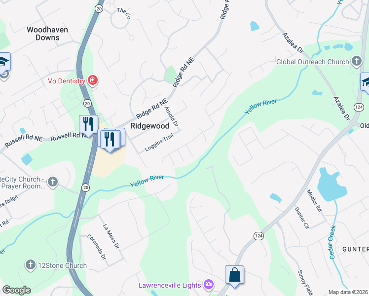 map of restaurants, bars, coffee shops, grocery stores, and more near 419 Devon Creek Court Northeast in Lawrenceville