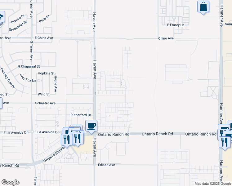 map of restaurants, bars, coffee shops, grocery stores, and more near 13661 South Haven Avenue in Ontario