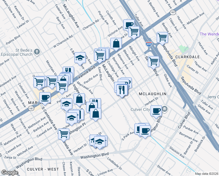 map of restaurants, bars, coffee shops, grocery stores, and more near 3938 East Boulevard in Los Angeles