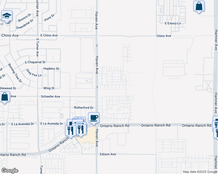 map of restaurants, bars, coffee shops, grocery stores, and more near 3570 East Peckham Paseo in Ontario